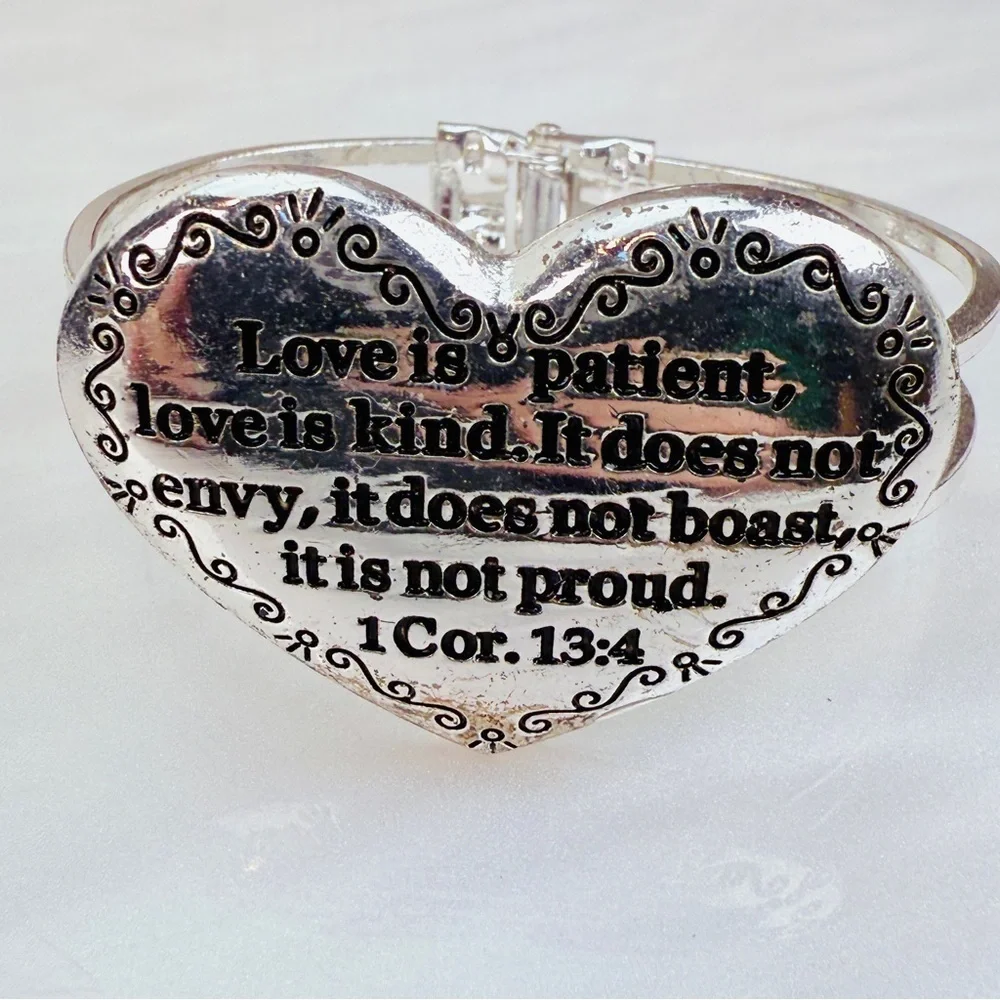 Silvertone Heart Cuff Bracelet with Inspirational Quote
